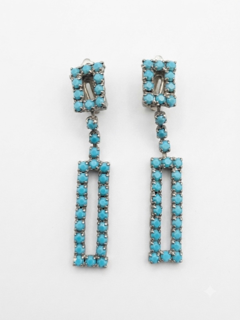 Vintage-Style Turquoise Rhinestone Geometric Dangle Clip-On Earrings